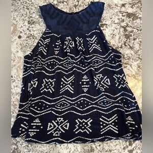 XL Lucky Brand Top Women’s Blue Sleeveless Linen Blend Embroidered Shirt Blouse
